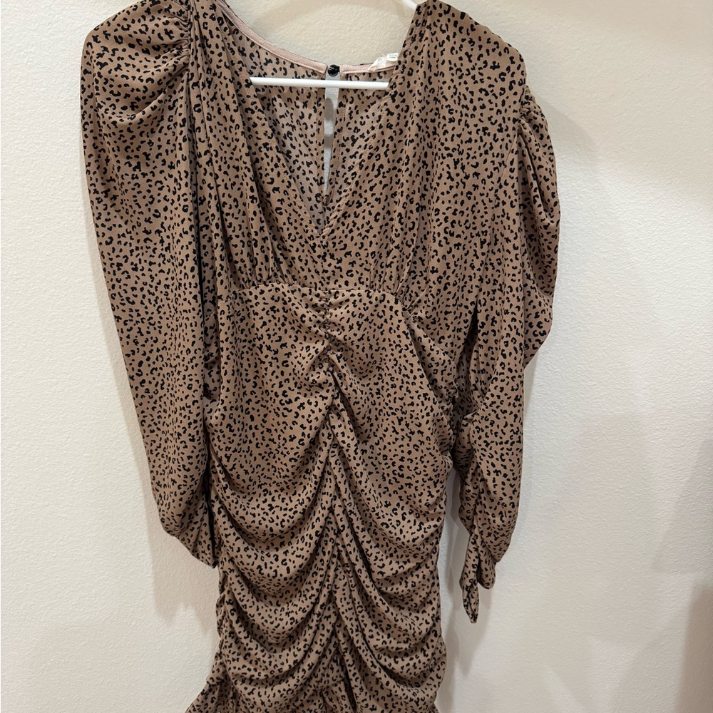 Brown Bodycon Ruched Dress with Puff Sleeves for Cocktail